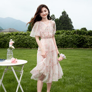 蘇醒的樂園雪紡仙長裙子夏季法式領(lǐng)碎花優(yōu)雅短袖連衣裙 粉色 M