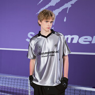 SuaMoment抓痕條紋翻領(lǐng)字母短袖T恤男女夏季復古休閑運動(dòng)體恤上衣 銀色 S