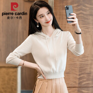 皮爾卡丹（pierre cardin）2025春季新款薄款針織衫女裝長(cháng)袖帶帽套頭毛衣小個(gè)子短款連帽衛衣 2024杏色2025 S 建議90斤以下穿