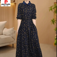 皮爾卡丹（pierre cardin）文藝碎花棉麻連衣裙女長(zhǎng)袖春秋新款收腰中長(zhǎng)款氣質(zhì)襯衫領(lǐng)裙子 藍(lán)色 碎花長(zhǎng)袖連衣裙 M 建議105斤以內(nèi)