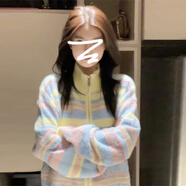 風采兔毛衣女2024秋冬新款奶fufu彩虹條紋高領(lǐng)oversize超好看甜美針織衫 圖片色 均碼
