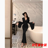 顧夕岑蕾絲v領(lǐng)喇叭袖連衣裙女秋季緊身粉色裙子御姐輕熟風(fēng)包臀魚(yú)尾長(cháng)裙 黑色-長(cháng)/款 M