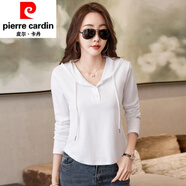 皮爾卡丹（pierre cardin）棉質(zhì)連帽長(zhǎng)袖T恤女春秋修身顯瘦短款洋氣上衣打底帽衫薄衛(wèi)衣針織 白色 S