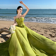 YIOU立體一字領(lǐng)抹胸連衣裙女婚紗寫(xiě)真大裙擺飄逸仙女裙生日禮服裙9682 嫩芽綠 S