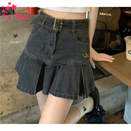 CTOX日系辣妹裙牛仔短裙半身裙夏季2025新款百搭百褶裙高腰顯瘦a字裙 黑灰色 升級款 XL 建議115-125斤