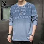 花花公子（PLAYBOY）純棉長(cháng)袖T恤男士衛衣春秋季薄款假兩件潮流體恤上衣服打底衫男裝 20霧霾藍 L