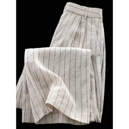 NYIG女裝天然亞麻豎條紋直筒闊腿褲女棉麻百搭 條紋褲子 2XL 建議126-140斤