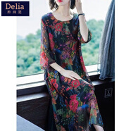 矜持范2025新款中年女夏裝遮肚顯瘦連衣裙女中老年女裝洋氣長(cháng)款印花裙 牡丹花 3XL 建議145-165斤
