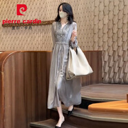 皮爾卡丹（pierre cardin）桑蠶絲連衣裙2025夏季新款高級(jí)感刺繡寬松大碼遮肚氣質(zhì)長(zhǎng)款真絲裙 淺灰色 M 【建議110-120斤】