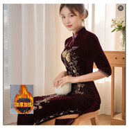 鴻韻繡旗袍女2024金絲絨中國風(fēng)改良時尚復(fù)古婚宴禮服媽媽高檔旗袍連衣裙 酒紅色加絨加厚（長約126cm） 5XL