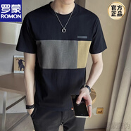 羅蒙（ROMON）2025新款撞色拼接短袖T恤男士夏季潮流圓領(lǐng)純棉體恤半袖上衣新品 黑色 M (建議90-110斤)