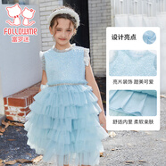 富羅迷女童連衣裙夏季甜美飛飛袖網(wǎng)紗公主裙小女孩禮服裙 藍色  140
