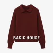 百家好（Basic House）Basic House/百家好紅色翻領毛衣春季新款氣質泡泡袖套頭短款上衣 紅色 L