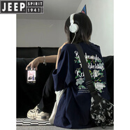 JEEP SPIRIT墨綠色美式復古t恤男320g重磅短袖潮牌潮流夏季衣服中性風(fēng)七分袖 藏青色 M 適合85-105斤