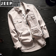 JEEP SPIRIT男裝純棉歐美風(fēng)外套男潮牌工裝長袖襯衫春季寬松襯衣上衣 米白色 2XL