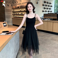 啄木鳥(niǎo)白色吊帶連衣裙女春秋外穿小個(gè)子網(wǎng)紗長(cháng)裙內搭打底顯瘦不規則裙子 黑色 不規則吊帶裙 M 建議95-105斤