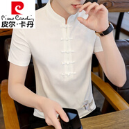 皮爾卡丹（pierre cardin）短袖t恤衫男士夏季中國風(fēng)民族風(fēng)休閑盤(pán)扣復古男裝v領(lǐng)國潮刺繡 8068白色 175/XL 適合115-125斤