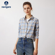 Navigare意大利小帆船全棉格紋長袖襯衫女寬松通勤襯衣2333074501 藍(lán)灰 L 
