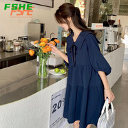 FSHE娃娃領連衣裙女2025夏季寬松復古燈籠泡泡袖小個子仙女裙子潮 藏青色 M 建議（101-115斤）