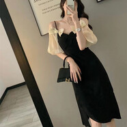 源夫人大碼一字肩連衣裙女夏新款時(shí)尚吊帶感收腰顯瘦法式復古中長(cháng)裙 黑色 L 建議100-118斤