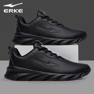 鴻星爾克（ERKE）男鞋冬季皮面防水跑步鞋冬季新款輕便軟底休閑跑鞋旅游運動(dòng)鞋子男 正黑色 44