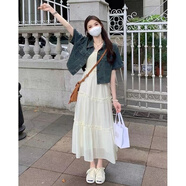 詩蒂淑春夏季新款女裝法式吊帶連衣裙高級感遮肚子蛋糕裙子少女感長裙 牛仔外套+杏色吊帶裙 XL 【120-135斤】