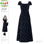 DXOT大碼胖mm梨型身材穿搭短袖碎花方領(lǐng)連衣裙女夏茶歇收腰顯瘦長(cháng)裙子 黑色長(cháng)裙【優(yōu)質(zhì)款】 2XL 建議125-135斤