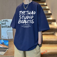 魯賓克短袖T恤男夏季新款美式復古潮牌字母印花休閑半袖體恤上衣打底衫 藏青色 XL