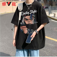 雅鹿男生痞帥T恤短袖男美式高街大碼寬松卡通印花青少年重磅上衣 黑色 M