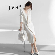 JVH香港潮牌小香風(fēng)套裝裙女 2025春季新款針織衫開(kāi)衫開(kāi)叉過(guò)膝半身裙 白色 S