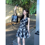 FSHE黑白格子v領掛脖系帶連衣裙女春季2025新款甜辣妹收腰百褶A字短裙 背心裙 XL