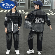 迪士尼（Disney）品牌童裝男兒童套裝酷帥春秋2025一整套男孩子洋氣牛仔兩件套潮款 豎紋漸變款 130 建議身高122左右