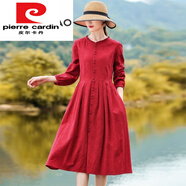 皮爾卡丹（pierre cardin）春秋季提花長袖A字連衣裙棉麻洋氣氣質(zhì)減齡復(fù)古亞麻大擺長裙 紅色 M【90-115斤】