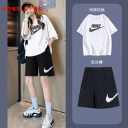 耐克（NIKE）官方艦店 女裝運動(dòng)套裝冬新款休閑舒適透氣印花短袖T恤五分褲短褲 DX7907-100單件短袖 L