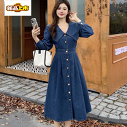 初徑2025年女夏季新款翻領(lǐng)牛仔長(cháng)袖顯瘦連衣裙百搭復古氣質(zhì)收腰長(cháng)裙2 連衣裙 S 【建議80-90斤】