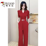 啄木鳥網(wǎng)紅時尚連體衣褲女2025夏季新款黑V領(lǐng)泡泡袖顯瘦連體褲 WH2601#紅色【版】 M 建議 95-105斤