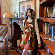 織物豬 油畫(huà)小狗 復古減齡無(wú)袖連衣裙女秋冬小個(gè)子可愛(ài)毛呢背心裙 連衣裙 XS (75-85)