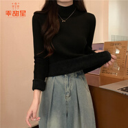乖甜星秋冬半高領(lǐng)修身緊身長(cháng)袖打底針織衫女上衣加厚一體絨保暖白色毛衣 黑色 均碼 高彈力 70-125斤