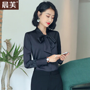 晨芙蝴蝶結雪紡襯衫女長(cháng)袖打底衫時(shí)尚飄帶領(lǐng)襯衣職業(yè)裝前臺領(lǐng)班工作服 黑色襯衫+黑色西群 XL 建議110-125斤