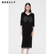 NEELLY納儷商場(chǎng)同款絲絨套裝裙春蕾絲拼接開(kāi)叉半身裙女七分袖上衣 黑色 S