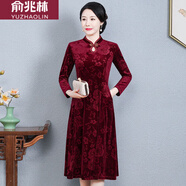 俞兆林春秋旗袍新款金絲絨連衣裙中老年長袖連衣裙純色壓花長款裙子 紅色 [2308] 3XL 建議105-132斤