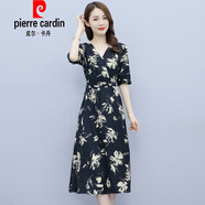 皮爾卡丹（pierre cardin）歐美碎花長袖連衣裙女春秋新款法式裹身長款桔梗裙收腰雪紡中長裙 1682黑色 M 建議85-100斤