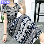 麥潮尚棉綢碎花連衣裙蝙蝠袖波西米亞中長(cháng)款海邊渡假沙灘碎花人造棉裙子 蝙蝠袖椰樹(shù)象 3XL 建議110-120斤