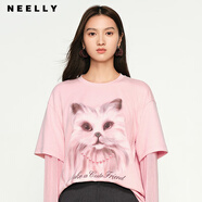 NEELLY納儷商場(chǎng)同款春季新款圓領(lǐng)假兩件長(cháng)袖T恤女趣味顯瘦上衣 慕斯粉 S