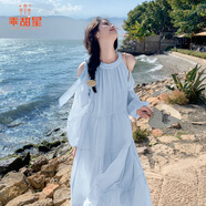 乖甜星海邊度假連衣裙女2025夏季新款甜美溫柔風(fēng)法式氣質(zhì)絕美露肩沙灘裙 天藍(lán)色 L 【建議105-120斤】