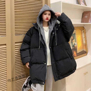 300斤胖妹妹大碼羽絨服加肥加大碼假兩件服青少女生面包服特大碼加厚棉衣外套 黑色【現(xiàn)貨】 4XL_建議230-300斤