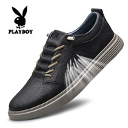 花花公子（PLAYBOY）鞋子男鞋2025春夏季新款小白鞋透氣休閑皮鞋男百搭厚底運(yùn)動(dòng)板鞋男 打孔黑 42