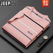 吉普（JEEP）黑白色條紋t恤男圓領(lǐng)短袖間條文純棉夏季滑料衣服高端體恤潮T 6208-粉紅 M 48