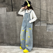 毽子飛飛大女童春秋季牛仔背帶褲套裝女孩兒童網(wǎng)紅時(shí)髦洋氣秋款潮衣服8歲9 黃色毛巾繡背帶褲 170 建議身高155-165厘米左右