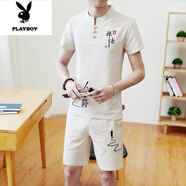 花花公子（PLAYBOY）棉麻套裝男夏季漢服古裝衣服潮刺繡亞麻一身t恤男佛系唐裝中國風(fēng) 人生路杏色(上衣＋短褲) XL 121-131斤
